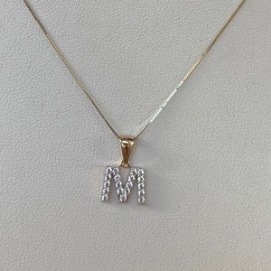 2pc set 14K Yellow Gold CZ M initial 16” inches 0.5mm Dainty Box chain necklace